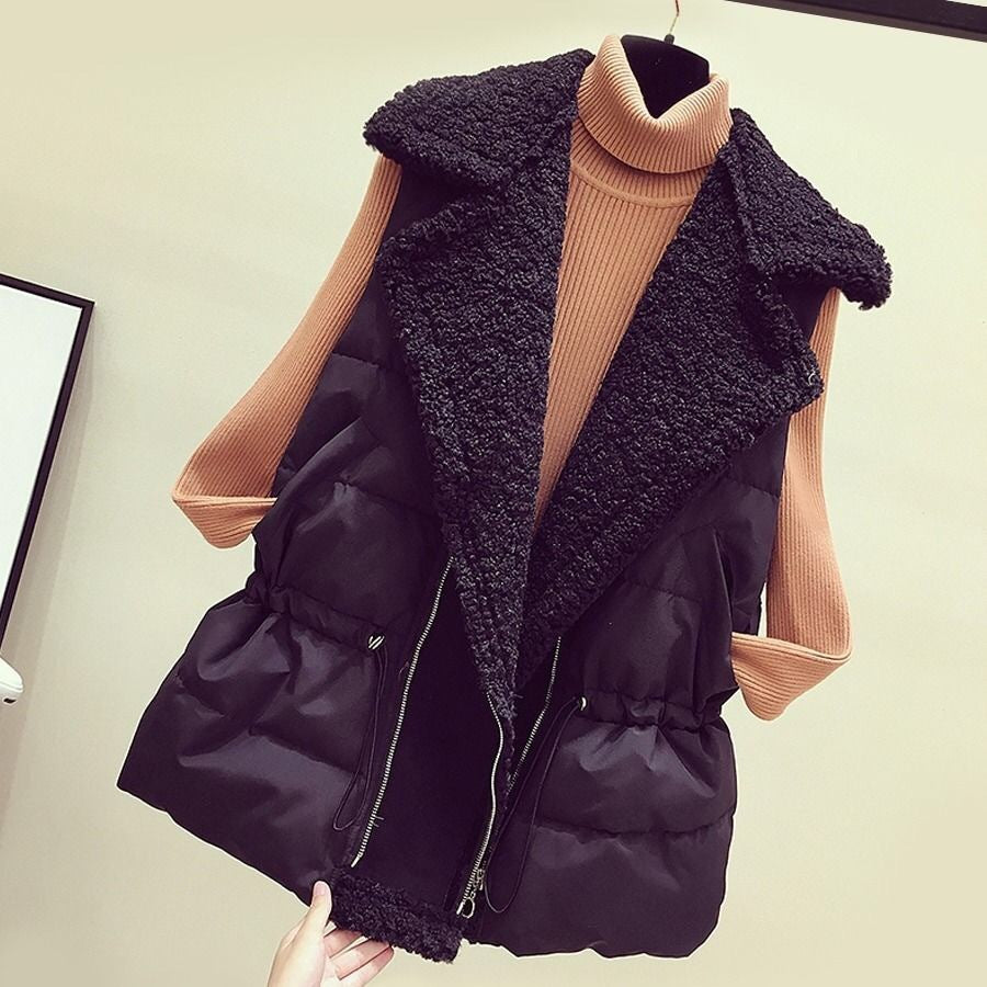 Lamb fur vest female autumn and winter Korean version of loose waist-strap vests shoulder-length wearing short down cotton horse clip