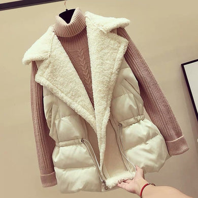 Lamb fur vest female autumn and winter Korean version of loose waist-strap vests shoulder-length wearing short down cotton horse clip