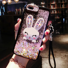 Load image into Gallery viewer, 苹果iPhone5s 6s 7奢华水钻兔子支架xr液体流动流沙闪粉亮片8plus女xsmax手机壳SE潮牌oppo15挂绳vivox23 x27