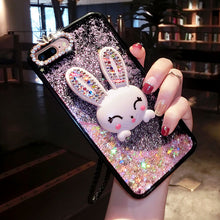 Load image into Gallery viewer, 苹果iPhone5s 6s 7奢华水钻兔子支架xr液体流动流沙闪粉亮片8plus女xsmax手机壳SE潮牌oppo15挂绳vivox23 x27