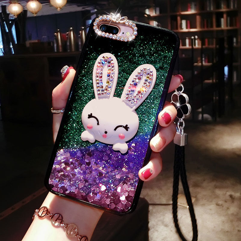 苹果iPhone5s 6s 7奢华水钻兔子支架xr液体流动流沙闪粉亮片8plus女xsmax手机壳SE潮牌oppo15挂绳vivox23 x27