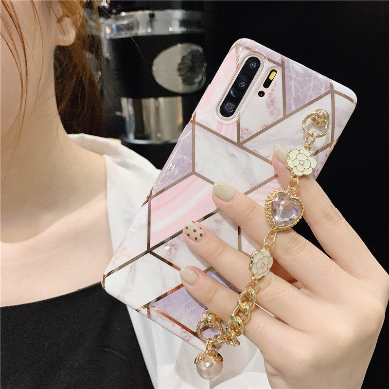 拼接几何大理石三星A70手机壳金属链条A50/a40全包防摔软保护套s10+plus水钻清新s8/s9plus网红女手腕带