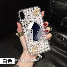 Load image into Gallery viewer, 苹果X手机壳xsmax珍珠8plus补妆镜子iphonexr硅胶6s水钻6splus全包透明边iPhone7花朵8x镜面7p水晶手绳8潮女