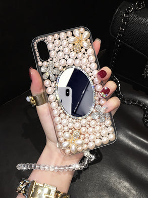 苹果X手机壳xsmax珍珠8plus补妆镜子iphonexr硅胶6s水钻6splus全包透明边iPhone7花朵8x镜面7p水晶手绳8潮女