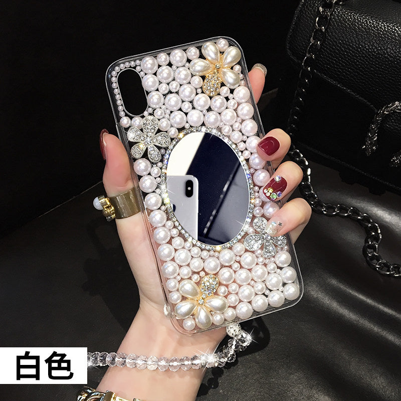 苹果X手机壳xsmax珍珠8plus补妆镜子iphonexr硅胶6s水钻6splus全包透明边iPhone7花朵8x镜面7p水晶手绳8潮女