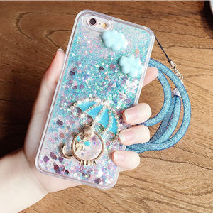 iPhone6plus液体流沙挂绳7手机壳苹果6s雨伞支架5s硅胶套8水钻X潮