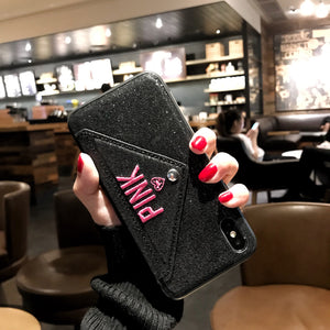 iPhoneX手机壳苹果7Plus卡片收纳闪粉保护套6s皮套i8防摔插卡后壳
