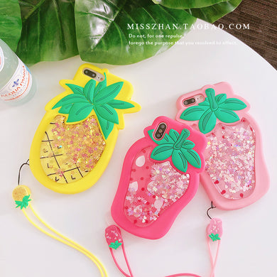 减压液体菠萝草莓苹果X手机壳挂绳iPhone6splus硅胶套8/7plus女款