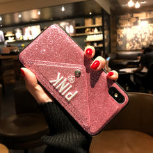 Load image into Gallery viewer, iPhoneX手机壳苹果7Plus卡片收纳闪粉保护套6s皮套i8防摔插卡后壳